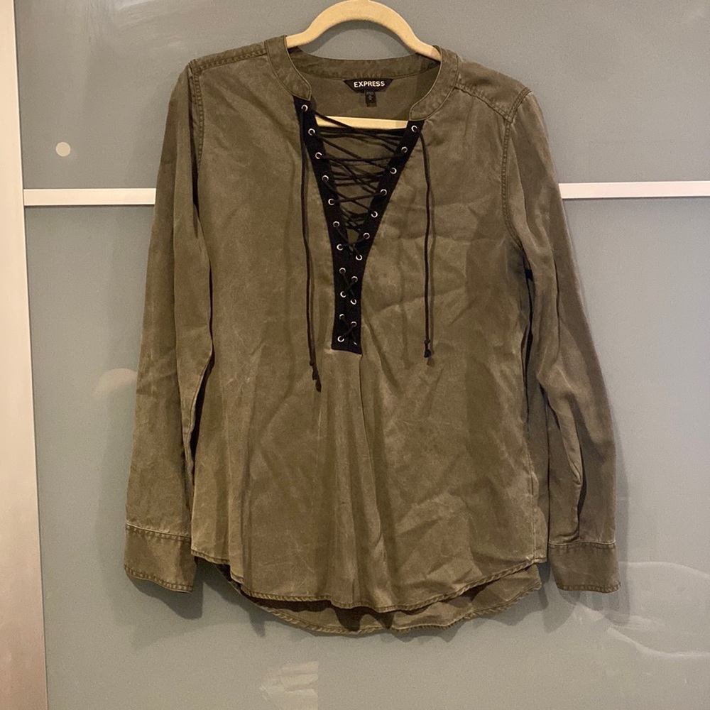 Olive green lace up top from Express
